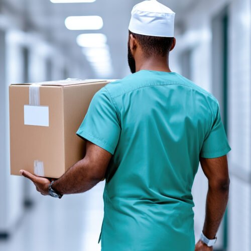 Healthcare professional transporting a vital organ for donation, walking in a hospital corridor, delivering a medical package for life saving surgery