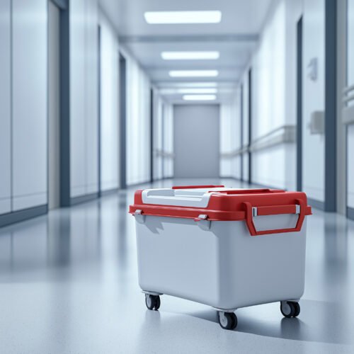 Portable medical cooler box on wheels in hospital corridor